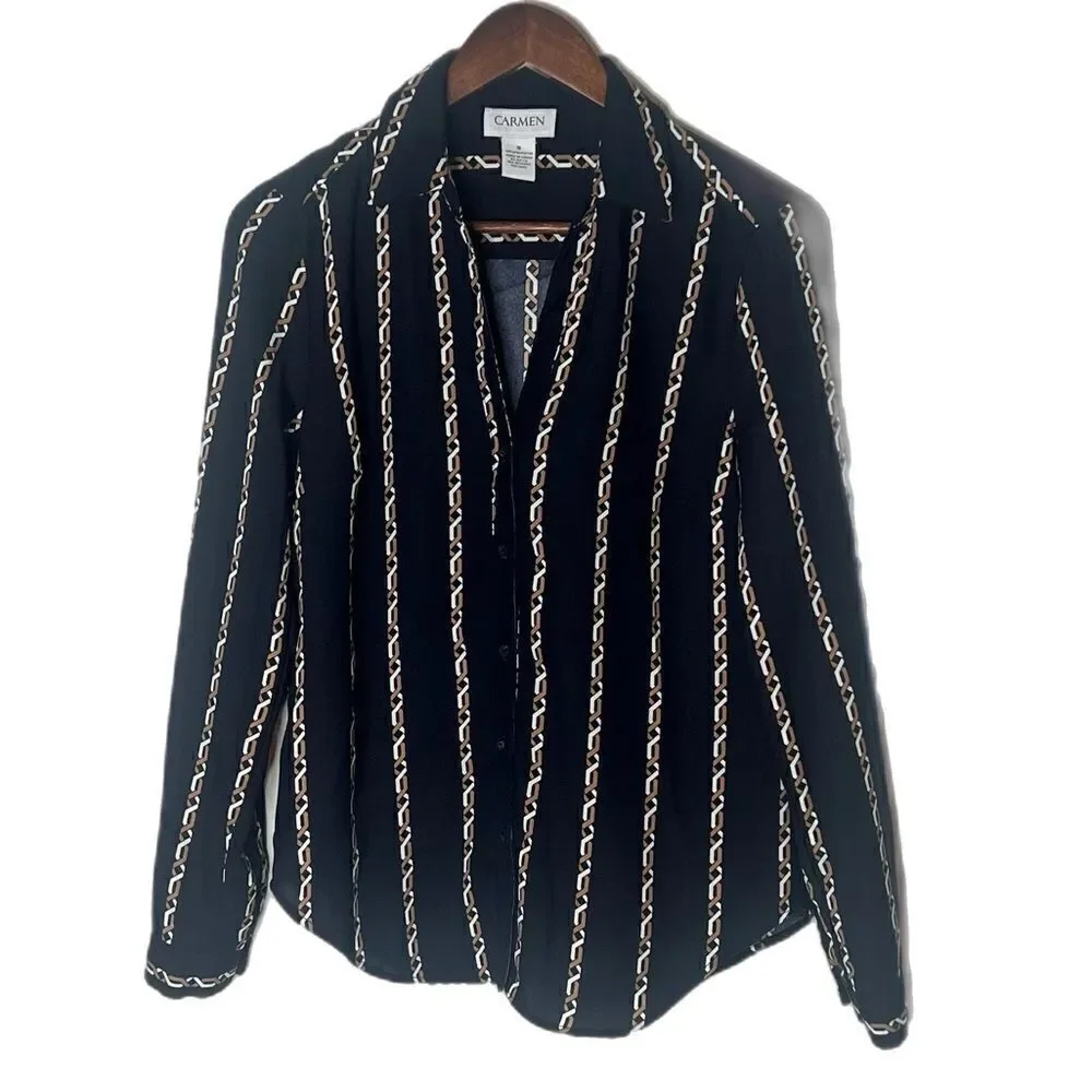 Carmen Marc Valvo Button Up Long Sleeve Chain Link Print Blouse Top - Picture 2 of 5